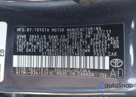 2011 Toyota Corolla Le z USA, uszkodzony, nr VIN 2T1BU4EE4BC574800